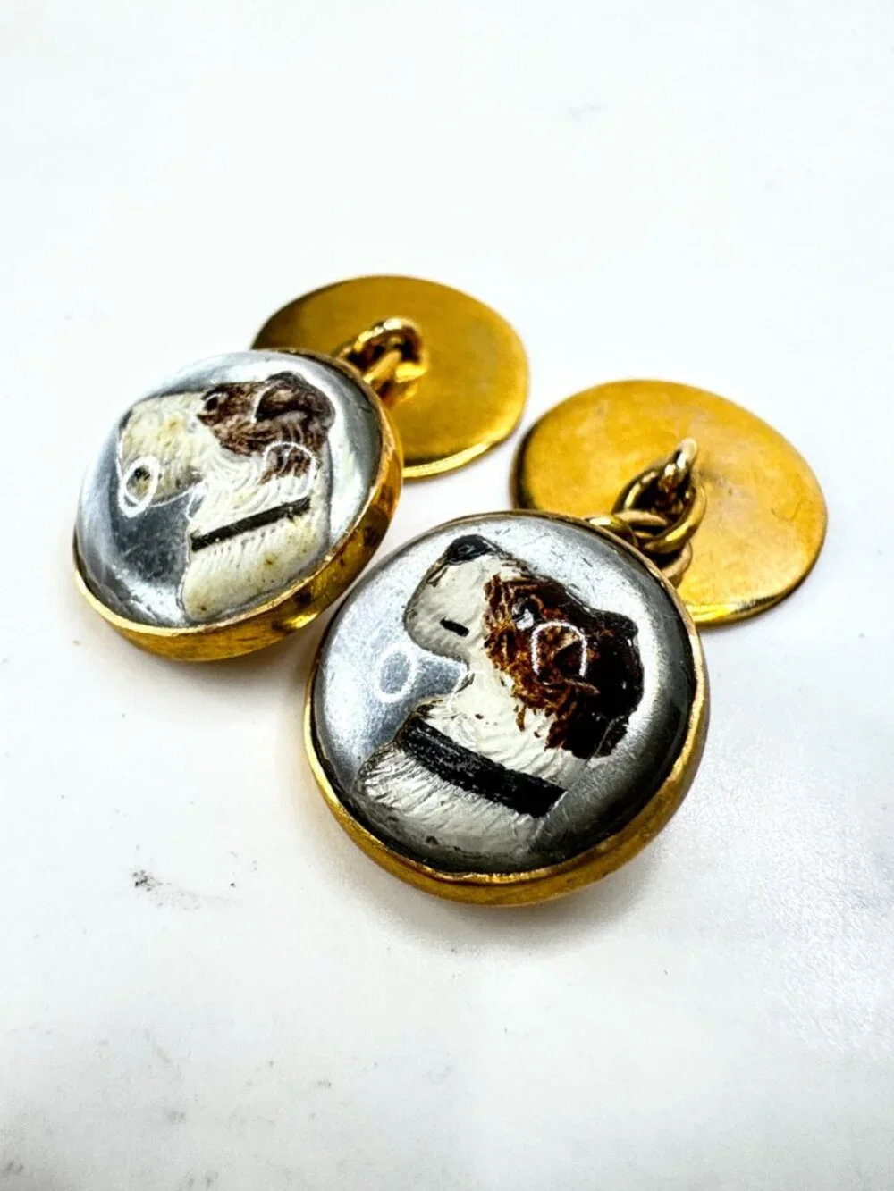 Vintage Art Deco reverse crystal fox hunting dog 9ct gold cufflinks SS475
